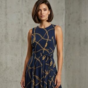 Ralph Lauren Blue Dress with Gold Chain Design